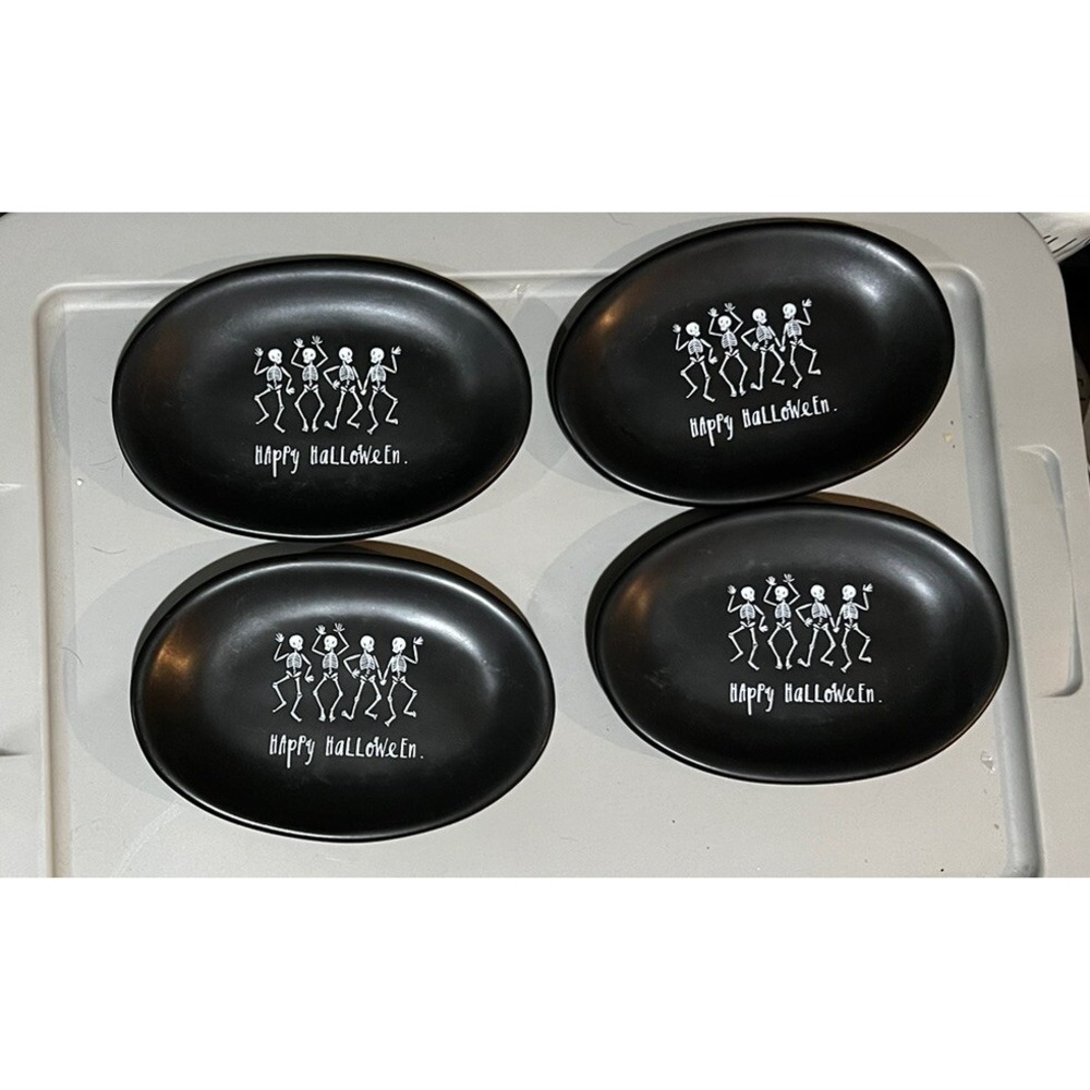 Rae Dunn By Magenta Happy Halloween Dancing Skeletons Black Ovals Set Of 4